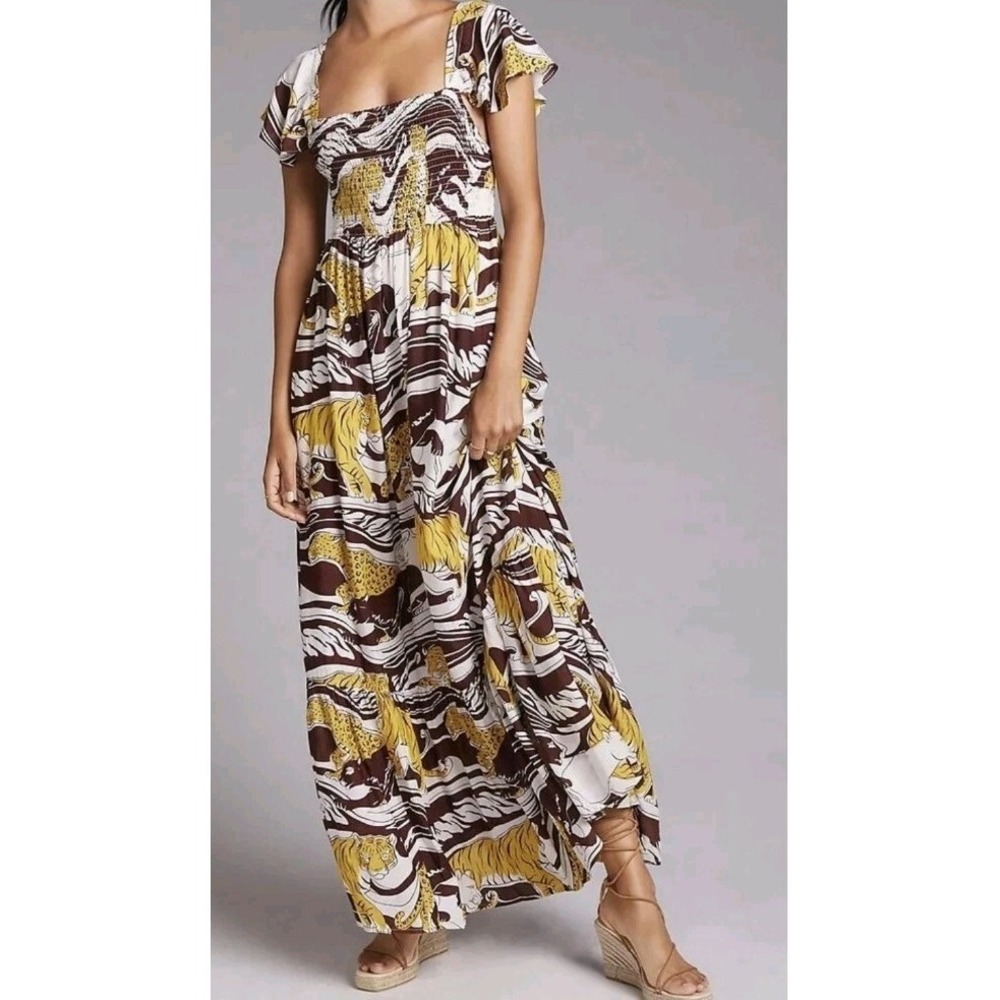 NEW Anthropologie Sun Maxi‎ Dress Leopard Tiger Print Ruffle Sleeve Fairy Whimsy